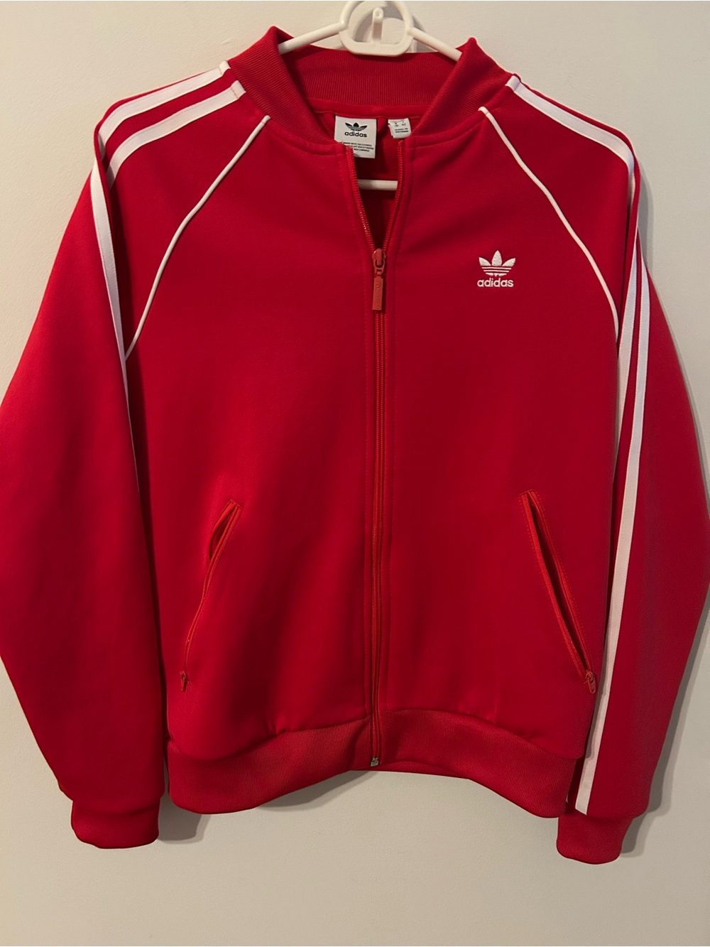 adidas Red Track-Style Varsity Jacket with White Stripes